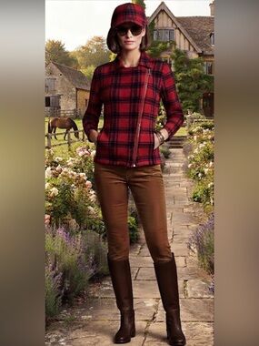 Ralph Lauren Chaps Red Plaid Sweater Jacket Zip Front Cozy Preppy Classic